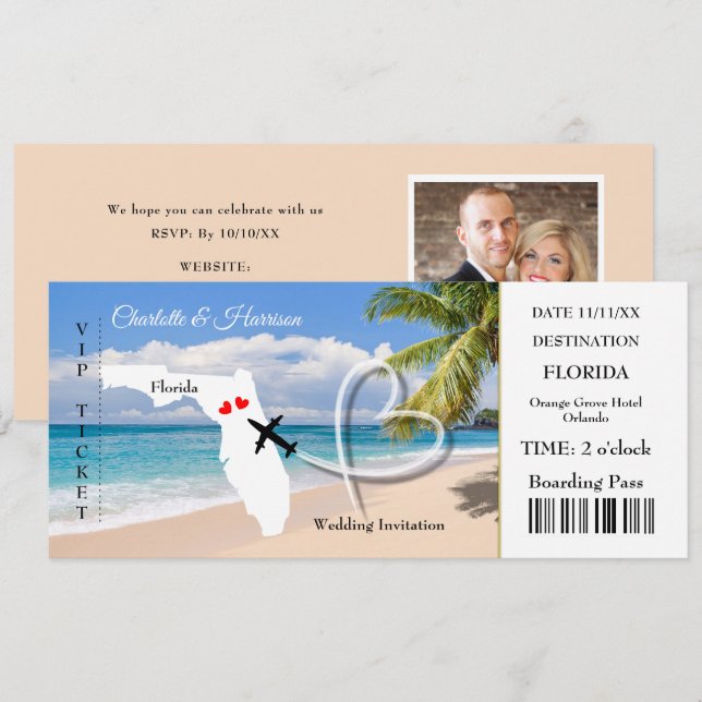 Invitation Floride Destination Mariage Billet d'embarquement  (Devant / Derrière)
