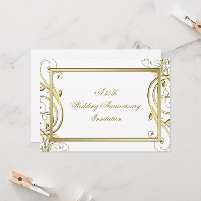 Invitation Florish Gold White 50e anniversaire Mariage (Devant/Arrière en situation)