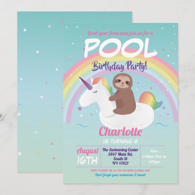 Invitation Flotte de la Sloth Rainbow Pool Party Anniversaire (Devant / Derrière)