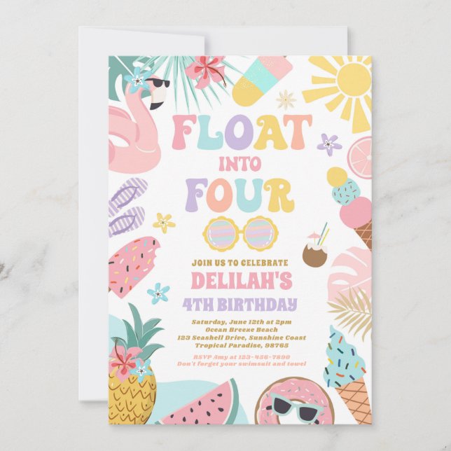 Invitation Flotter dans quatre Tropical Beach 4e fête d'anniv (Devant)