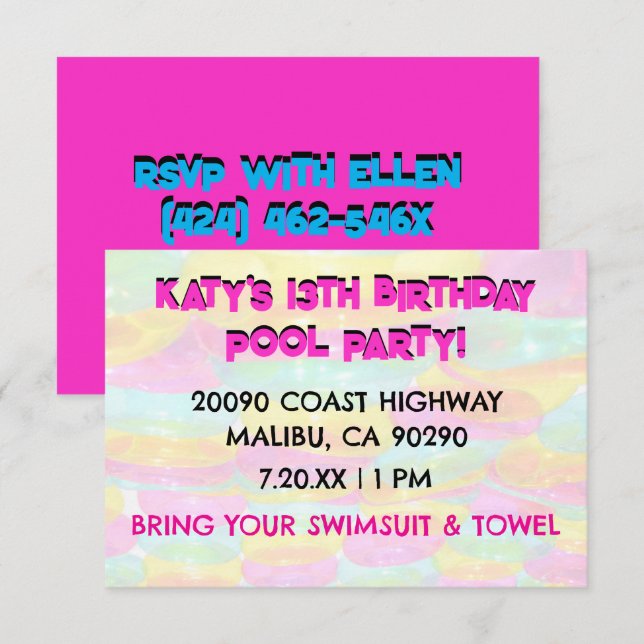 Invitation Flottes colorées 13ème anniversaire Pool Party (Devant / Derrière)