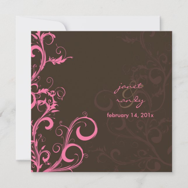 Invitation Flourdissements/tourbillons feuilles/rose/chocolat (Devant)