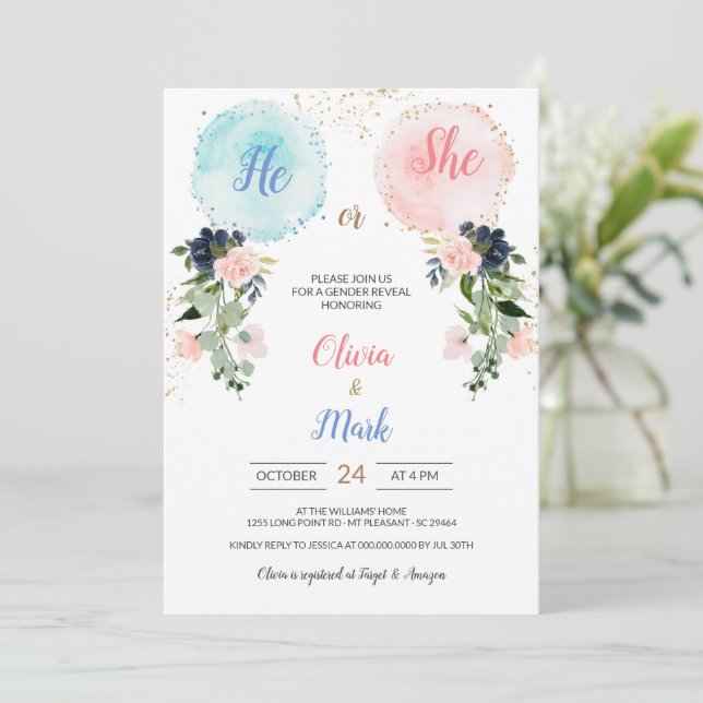 Invitation Flower Balloons Genre Revela Party (Debout devant)