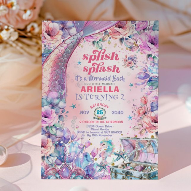 Invitation Flower Glitter Mermaid Tail 2nd Birthday  (Créateur téléchargé)