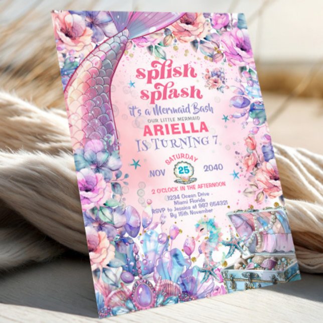 Invitation Flower Glitter Mermaid Tail 7th Birthday  (Créateur téléchargé)