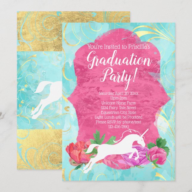 Invitation Flower Unicorn Imaginaire Equestrian Graduan Party (Devant / Derrière)
