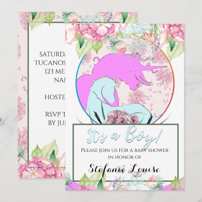 Invitation Flower Unicorn Pink C'est un garçon ! (fleurs &dan (Devant / Derrière)