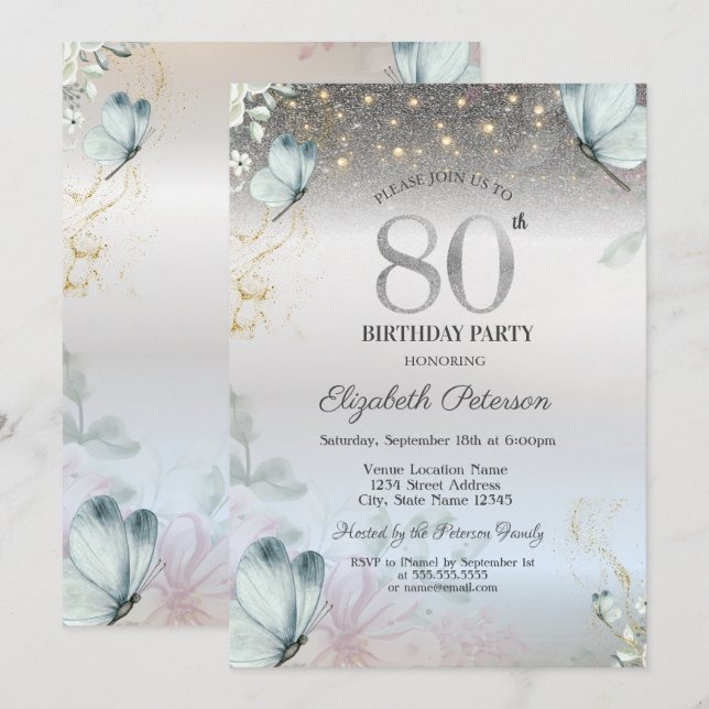 Invitation Flowers Blue Butterflies Silver 80th Birthday (Devant / Derrière)
