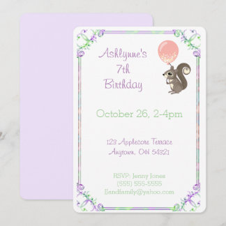 Invitation Fluffy Squirrel with Pink Balloon Birthday Custom