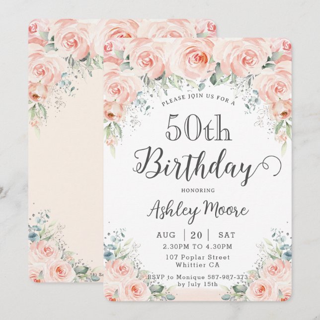 Invitation Flush doux Rose verdure 50e anniversaire (Devant / Derrière)