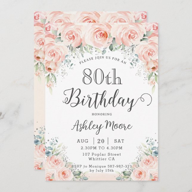 Invitation Flush doux Rose verdure 80e anniversaire (Devant / Derrière)