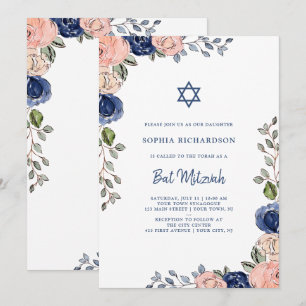 Invitation Flush et Navy Fleurs à main   Bat mitzvah