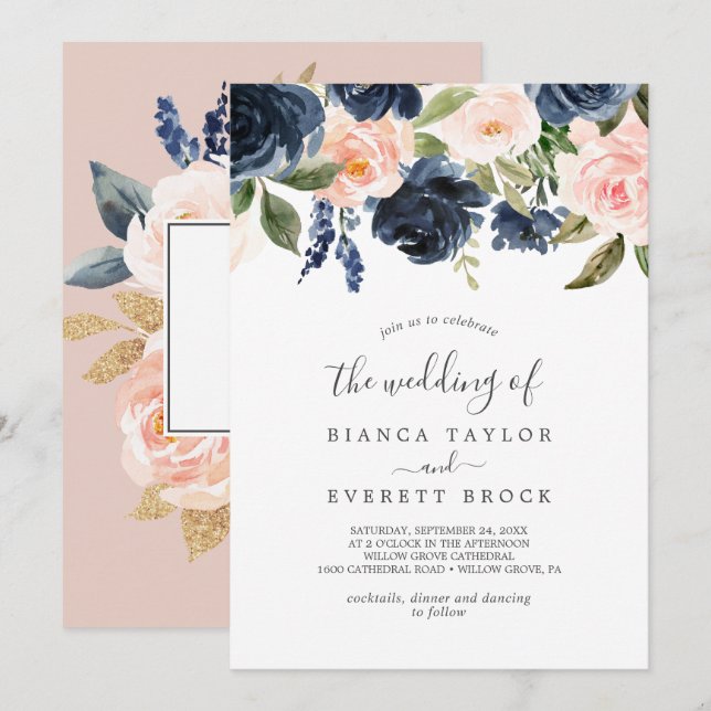 Invitation Flush et Navy Flowers | Blanc Le Mariage De (Devant / Derrière)