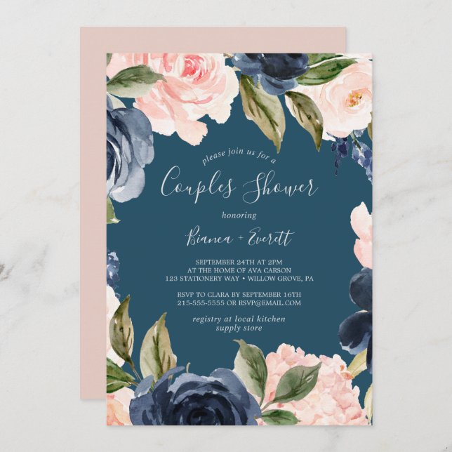 Invitation Flush et Navy Flowers | Douche Couples Bleues (Devant / Derrière)