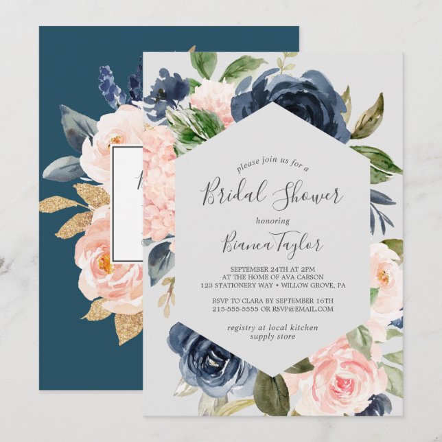 Invitation Flush et Navy Flowers | Fête des mariées gris clai (Devant / Derrière)