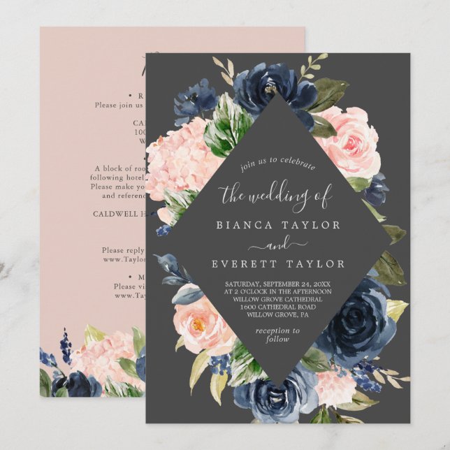 Invitation Flush et Navy Flowers | Gris tout en un Mariage (Devant / Derrière)