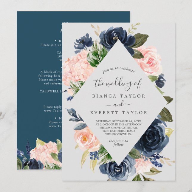 Invitation Flush et Navy Flowers | Gris tout en un Mariage (Devant / Derrière)