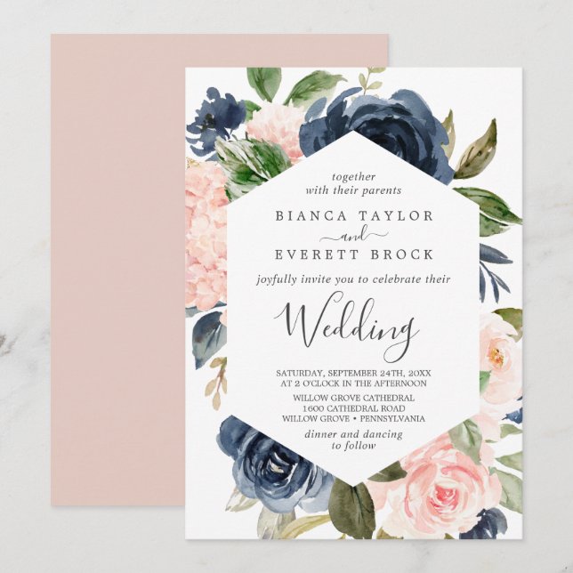 Invitation Flush et Navy Flowers | Mariage blanc (Devant / Derrière)