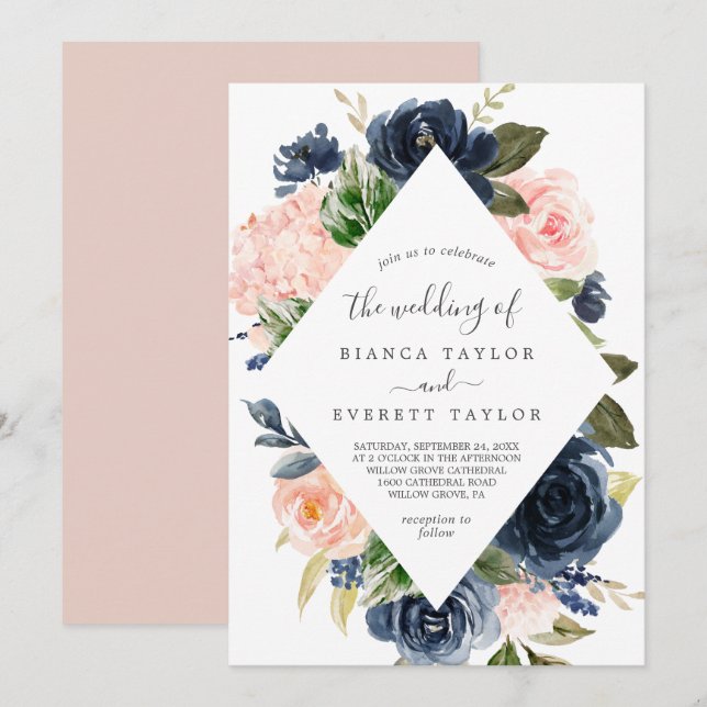 Invitation Flush et Navy Flowers | Mariage Diamant blanc (Devant / Derrière)