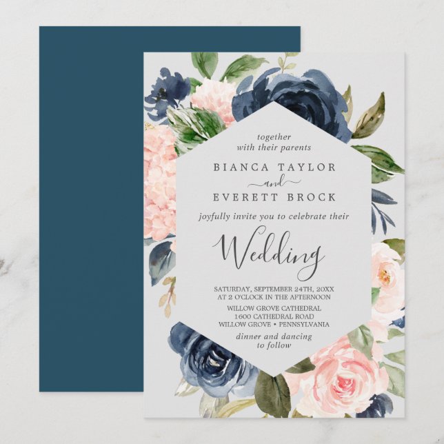 Invitation Flush et Navy Flowers | Mariage gris clair (Devant / Derrière)
