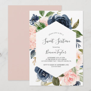 Invitation Flush et Navy Flowers Sweet sixteen blanc