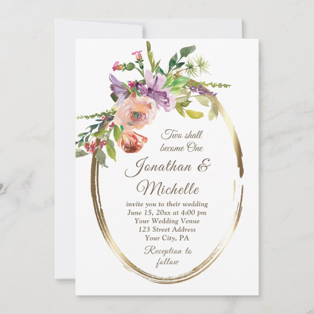 Invitation Flush Peach Floral Gold Frame Christian Mariage (Devant)