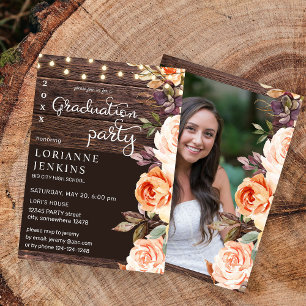 Invitation Flush & Peach Floral Rustic Graduation Photo v2