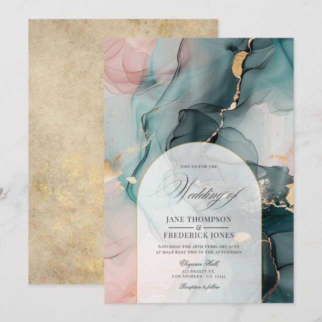 Invitation Flush & Turquoise Enk Swils et Faux Gold Foil Mari (Devant / Derrière)