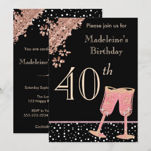 Invitation Flûtes à champagne Black & Rose Gold pour les 40 a
