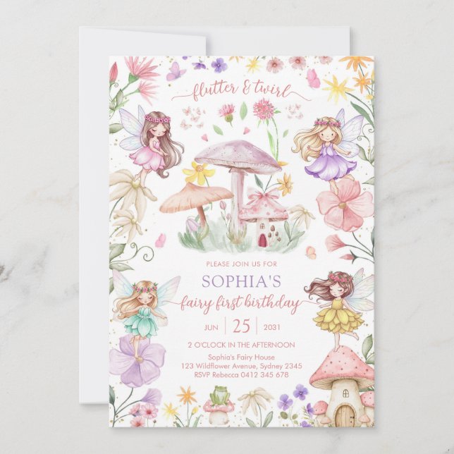 Invitation Flutter and Twirl Fairy First 1st Birthday (Devant)
