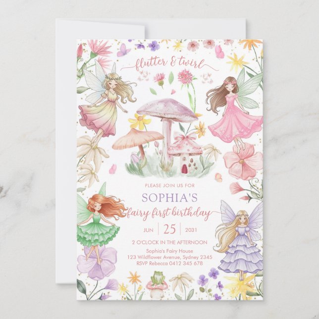 Invitation Flutter and Twirl Fairy First 1st Birthday (Devant)