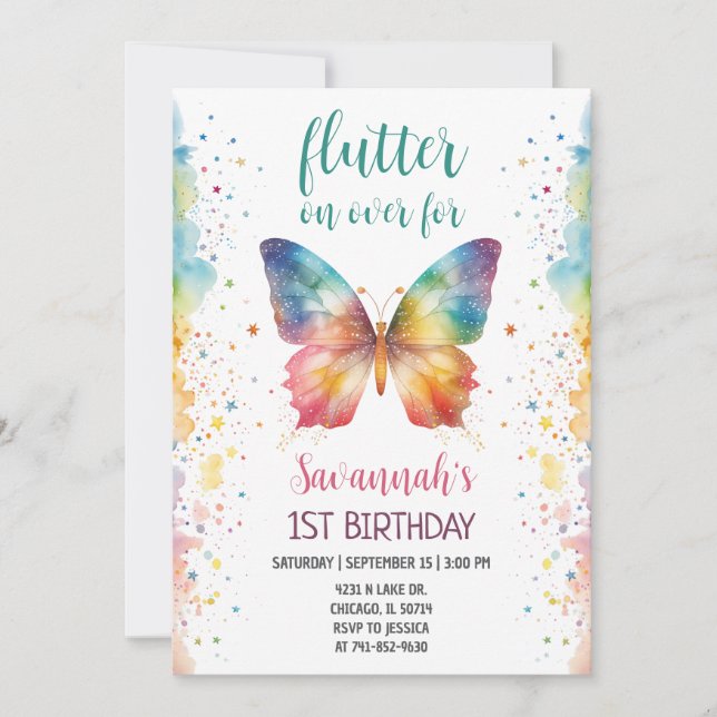 Invitation Flutter On Over Rainbow Butterfly 1st Birthday (Devant)