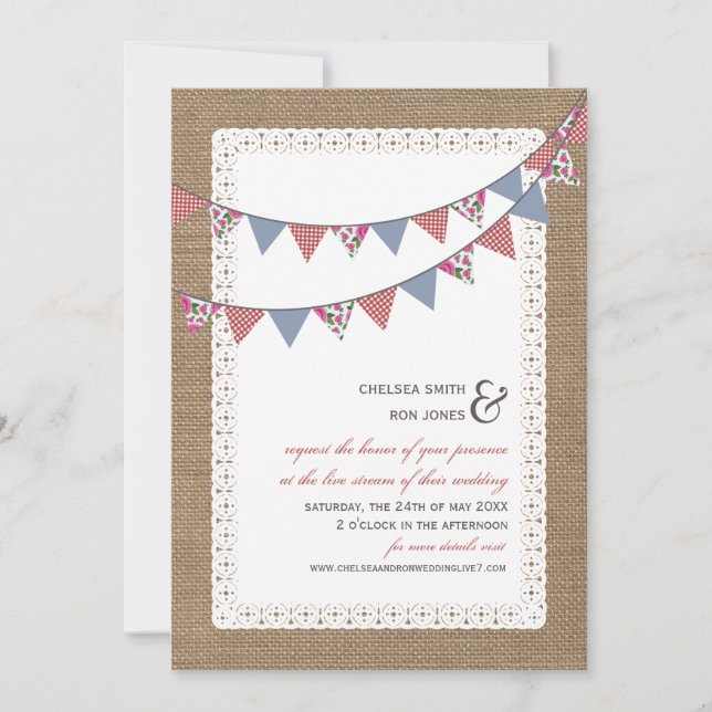 Invitation Flux en direct Mariage virtuel Lace Burlap Bunlap (Devant)