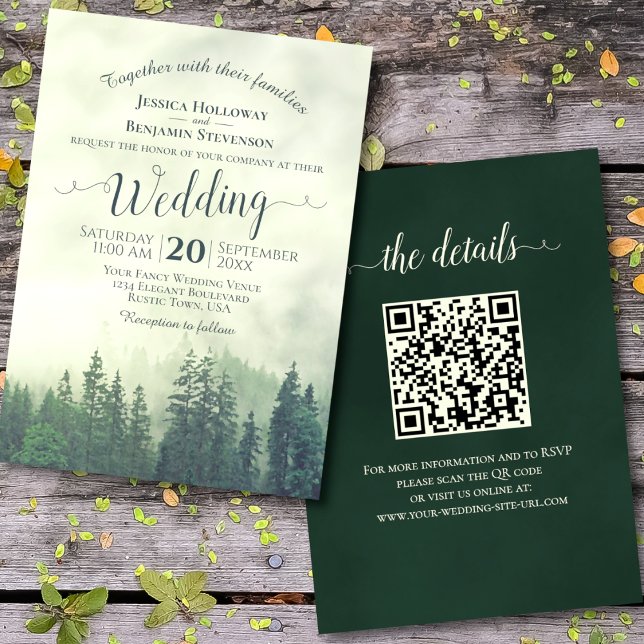 Invitation Foggy Green Mountain Pines Rustique Code QR Mariag (Front/Back)