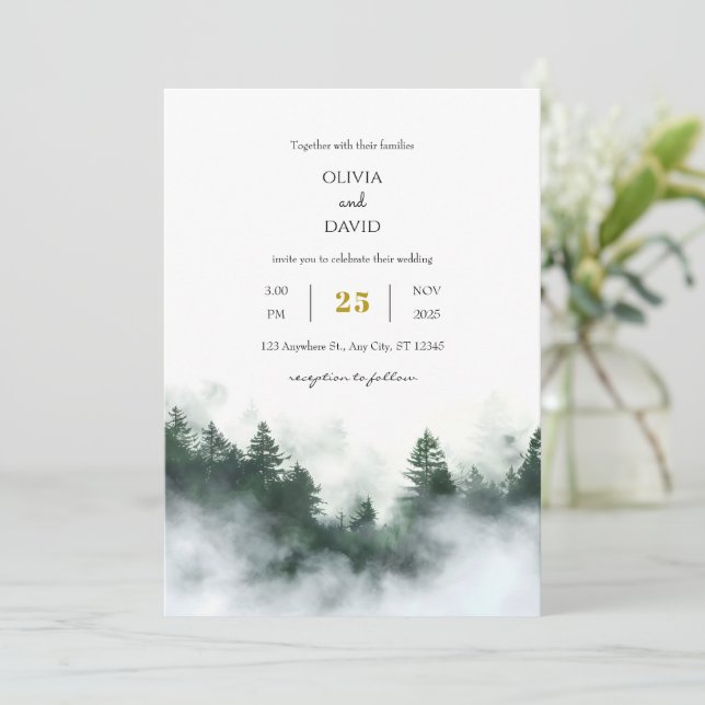 Invitation Foggy Seaside Green Woodland Forest Beach Mariage (Debout devant)