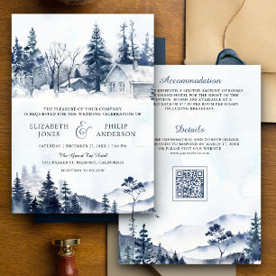 Invitation Foggy Winter Mountain Pine Forest Code QR Mariage