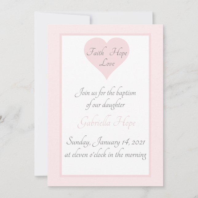 Invitation Foi Élégante Espoir Amour Coeur Rose Fille Baptême (Devant)