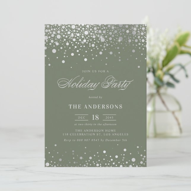 Invitation Foil argenté Confetti Taupe Green Holiday Party (Debout devant)