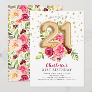 Invitation Foil Balloon Floral 21E Anniversaire
