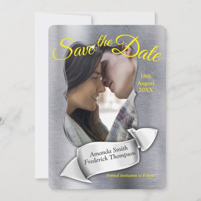 Invitation Foil- Gris et jaune texte Enregistrer la date (Devant)