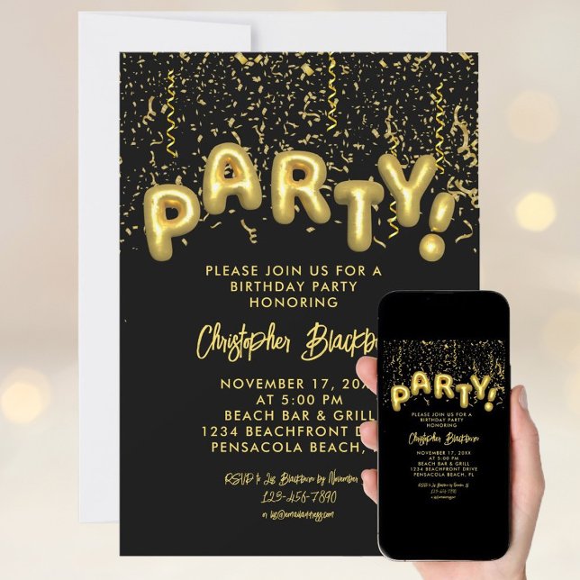 Invitation Foil Party Black & Gold élégant Anniversaire (Créateur téléchargé)