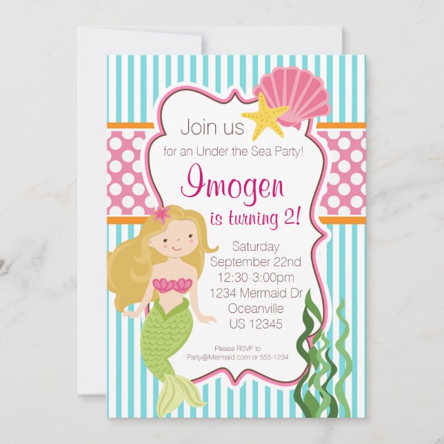 Invitation Fois turquoise, sirène rose Polka Dot Blonde (Devant)