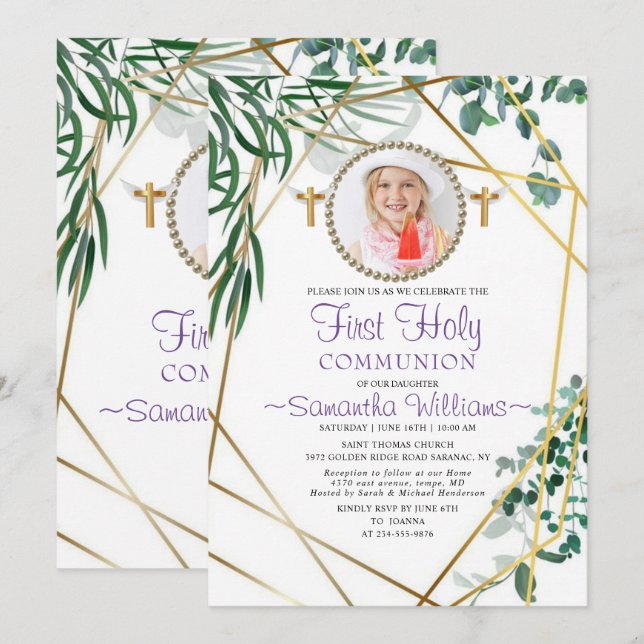 Invitation Foliage botanique Photo Première communion Invitat (Devant / Derrière)