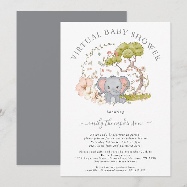 Invitation Foliage de jungle éléphant gris Baby Shower Virtue (Devant / Derrière)