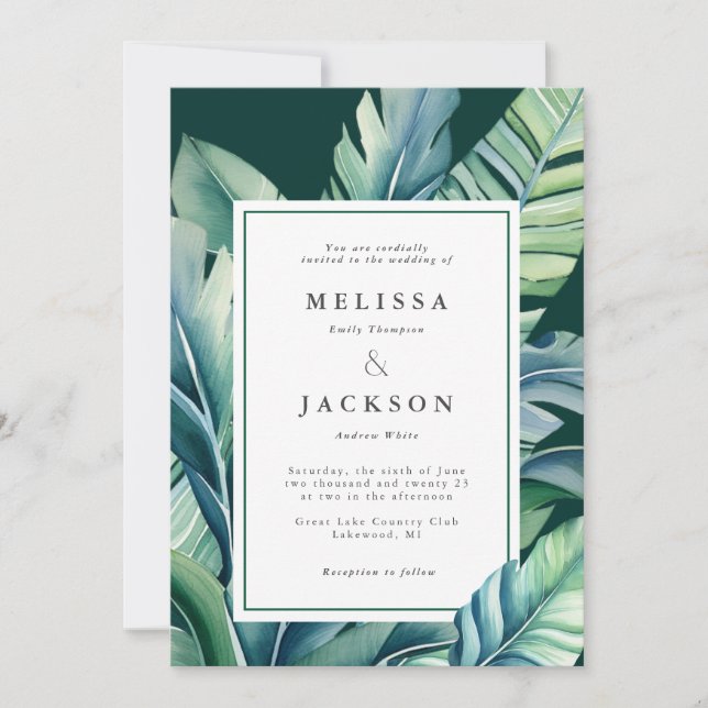 Invitation Foliage exotique Feuille sauvage et tropicale Vert (Devant)