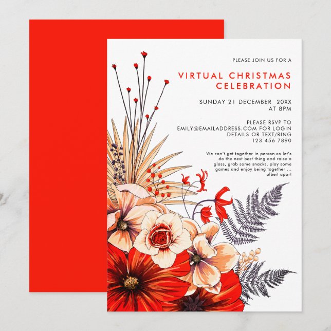 Invitation Foliage floral Berries Fête virtuelle de Noël (Devant / Derrière)