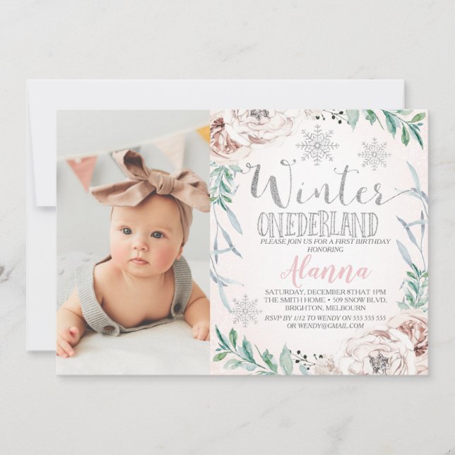 Invitation Foliage Floral Hiver Un derland Ier Anniversaire  (Devant)