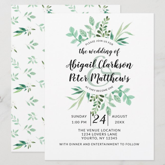Invitation Foliage frais Botanique Aquarelle Mariage de couro (Devant / Derrière)