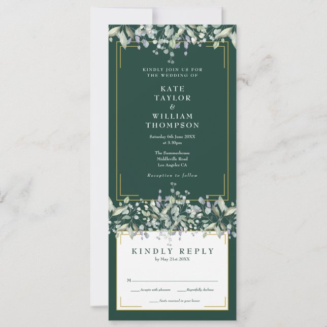 Invitation Foliage Lilac Vert Émeraude Tout en un Mariage (Devant)