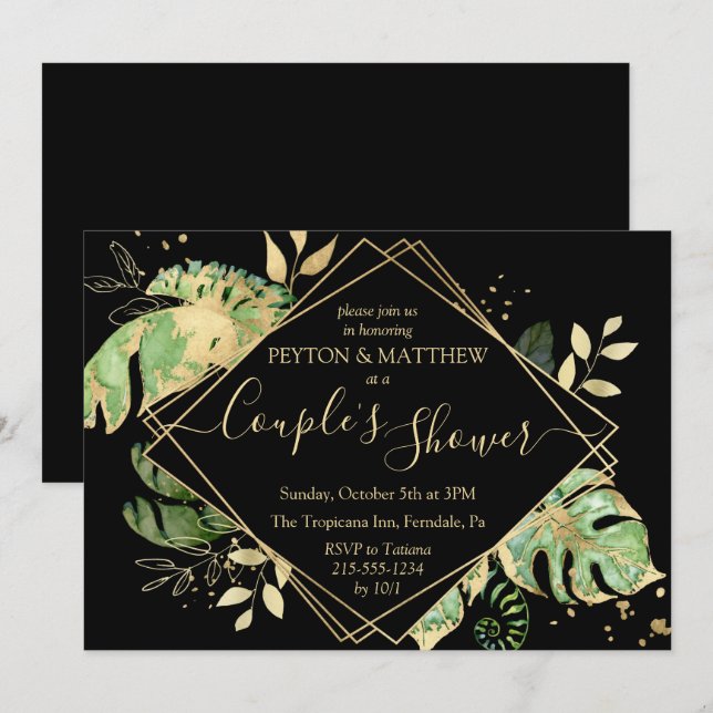 Invitation Foliage Tropical Black & Gold Couple's Shower (Devant / Derrière)
